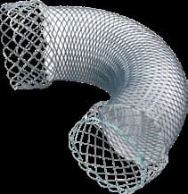 Taewoong Niti-S S enteral colonic stent, silicone-covered braided mesh bent to show flexibility