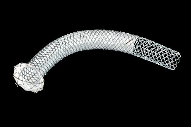 Taewoong Niti-S GIOBOR biliary stent with covered body and uncovered flared end, flexed