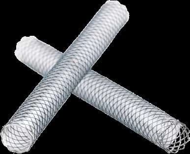 Taewoong Niti-S silicone-covered braided biliary stents, crossed pair